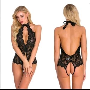 Black Lace Halter Teddy with Open Back